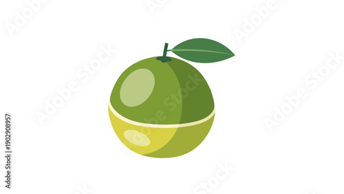 Stylized illustration of a vibrant green and yellow citrus fruit with a fresh leaf graphic design