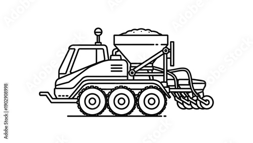 Modern farming equipment agricultural seeder machine vector outline icon for crop planting