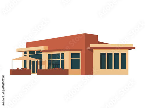 A modern house with a large patio and outdoor seating area