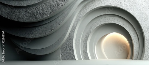 A modern abstract composition with wave patterns and nested circular forms in varying shades of grey