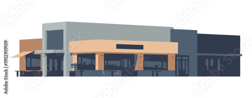 A modern building with a sleek design and large windows on a white background