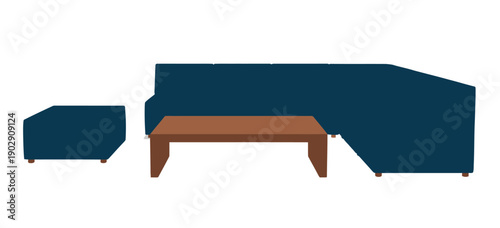 A modern living room setup with a blue sectional sofa and wooden coffee table on a white background