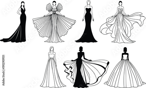 Elegant fashion dress silhouettes collection, women wearing evening gowns and couture styles, luxury clothing designs, black and white vector illustration set