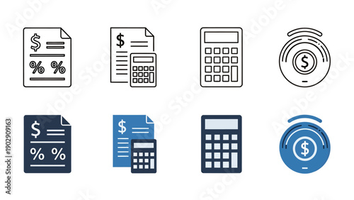 Business Finance and Accounting Icons Depicting Invoices and Calculations.