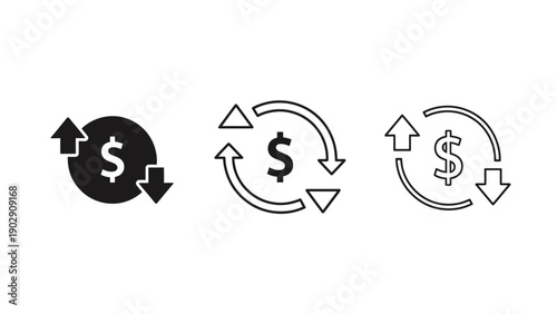 Financial exchange and money cycle icons illustrating currency, trade, and transfer processes.