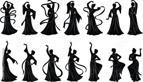 Elegant female dancer silhouettes set, graceful traditional dance poses, flowing costumes, black and white vector illustration collection isolated art design