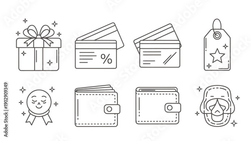 Hand drawn icons depicting gifts, payments, coupons, wallets, and shopping concepts for branding and design.