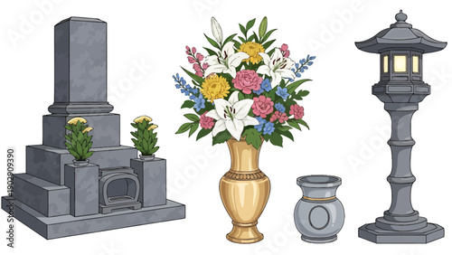 Memorial grave scene with flowers, vase, lantern, and candle stand arrayed beside a tombstone monument.