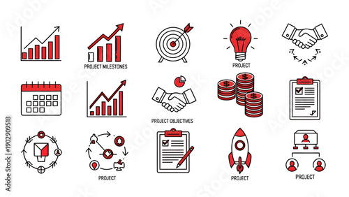 Collection of business and finance analytic icons including charts, targets, light bulb, money, and documents.