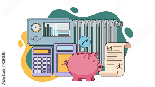 Financial planning and budgeting concept illustrated with piggy bank and documents.