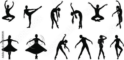 Dancer silhouette collection, modern ballet and contemporary dance poses, expressive movement figures, black and white vector illustration set