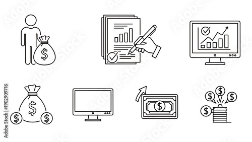 Assorted business finance icons showing money, charts, and digital transactions across offices and markets.