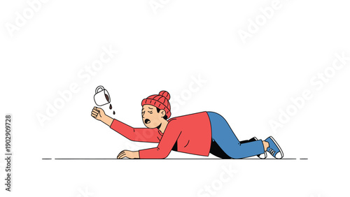 Desperate person reaching with empty pot, lying on ground. Thirsty, exhausted, craving a drink. Beverage shortage concept.