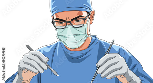 vector healthcare of a male surgeon wearing a mask and scrubs, holding a scalpel and forceps, depicting a precise surgical procedure in a medical environment.