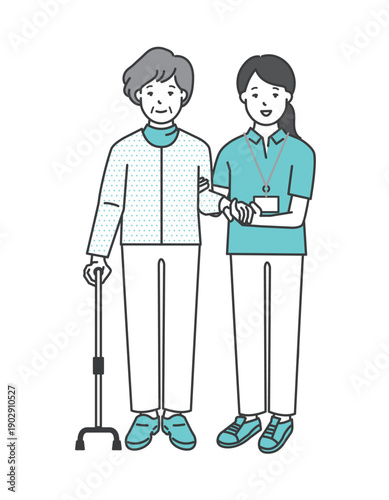 高齢者の歩行介助をする介護士のイラストベクター素材