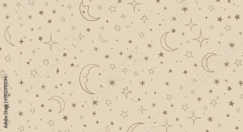 Whimsical Celestial Pattern: Crescent Moons and Twinkling Stars on Beige Background