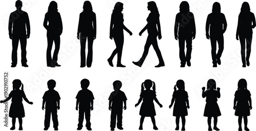 Human silhouette collection showing adults and children standing and walking poses, family people figures, black and white vector illustration set