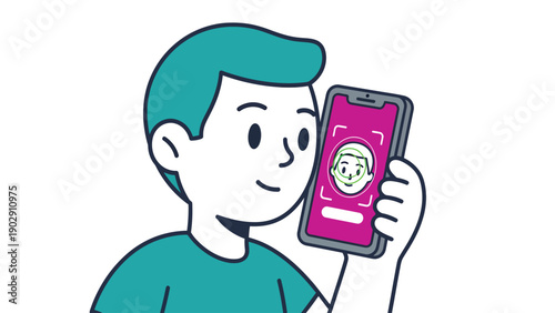 Smiling man using smartphone for facial recognition biometric authentication. Digital security and access concept illustration.