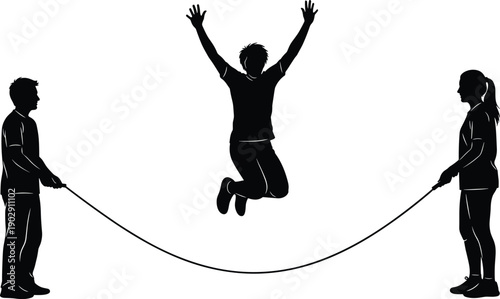 Jump rope teamwork silhouette, kids playing skipping game, black and white sport activity illustration, childhood fitness concept vector design isolated