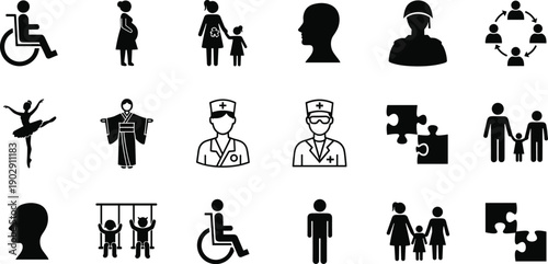 Human people icons set showing family, disability, healthcare workers, social community symbols, diverse lifestyles silhouettes, universal society pictograms collection, flat vector illustration
