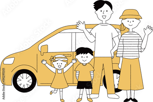 車の前に並ぶ笑顔の若い家族単色