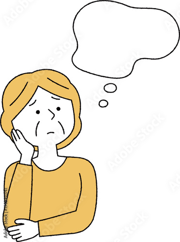 考え事をしているシニア女性単色