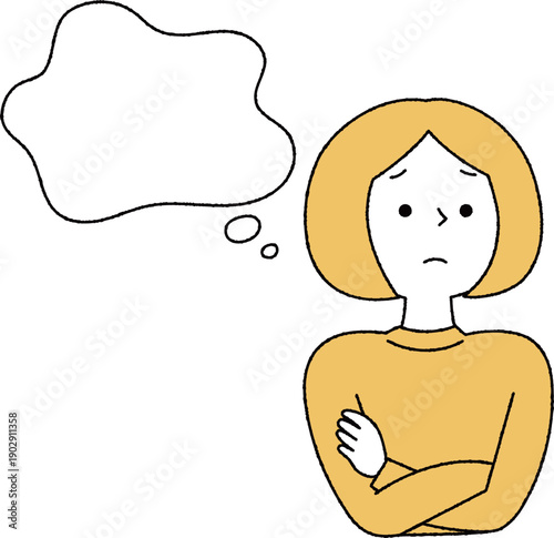 考え事をする若い女性単色