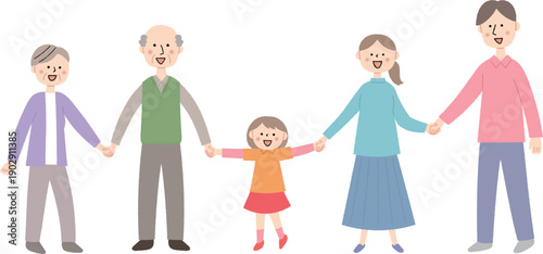 笑顔で手を繋ぐ三世代家族
