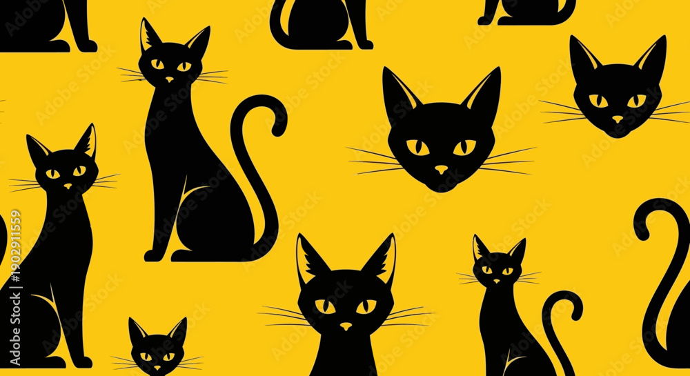Obraz premium Seamless Pattern of Silhouettes of Black Cats on a Yellow Background