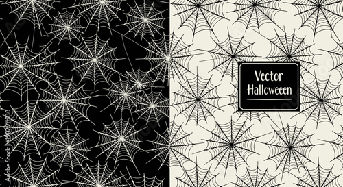 Seamless Halloween Pattern of Spooky Spider Webs on Black and Beige Backgrounds