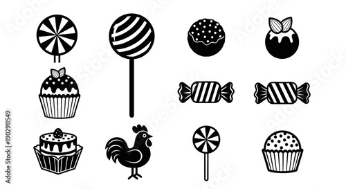 Collection of Black and White Icons Featuring Candies, Cupcakes, Lollipops, and a Rooster