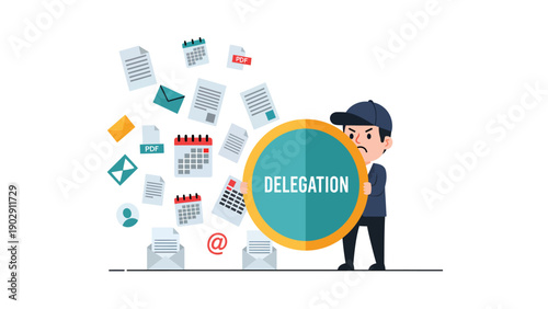 Delegation concept: Businessman using a shield to manage overwhelming workload, tasks, documents, and emails. Business task management illustration.