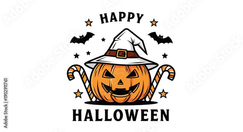 Happy Halloween spooky pumpkin with witch hat and candy canes, vector illustration