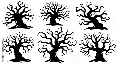 Spooky Silhouette Haunted Trees with Twisted Branches on White Background, Halloween Vector Art