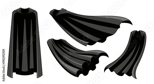 Collection of Black Capes Isolated on White Background, Various Poses