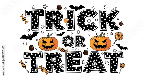 Spooky Halloween Trick or Treat design with pumpkins, bats, and candies, black and white polka dots