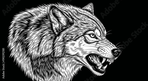 Aggressive Wolf Head in Profile with Bared Teeth and Fierce Eyes
