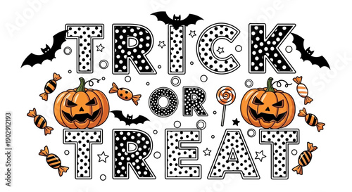 Happy Halloween Trick or Treat text with pumpkins, bats, and candy, festive design