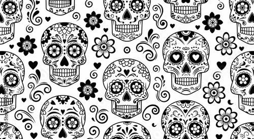 Day of the Dead Sugar Skull Pattern with Flowers and Hearts on White Background