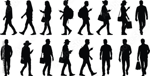 Walking people silhouette set with men and women using smartphones, bags, urban lifestyle, daily commute, modern crowd vector illustration design