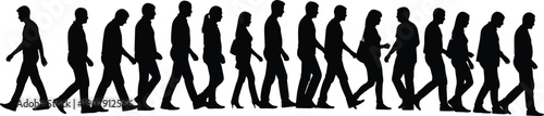Walking people silhouettes line, men and women pedestrians moving forward together, urban crowd motion isolated white background illustration concept