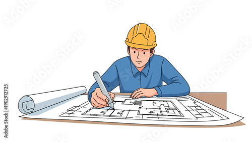 Architectural engineer in hard hat drawing blueprints. Construction planning, building design, and professional engineering work.