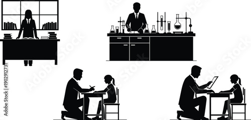 Professional education and science silhouettes collection, featuring teacher student classroom laboratory study mentoring research black vector illustration set