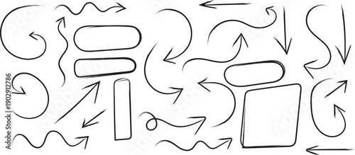 A collection of hand drawn arrows and geometric shapes primarily rectangles and ovals in a simple black and white sketch style high quality