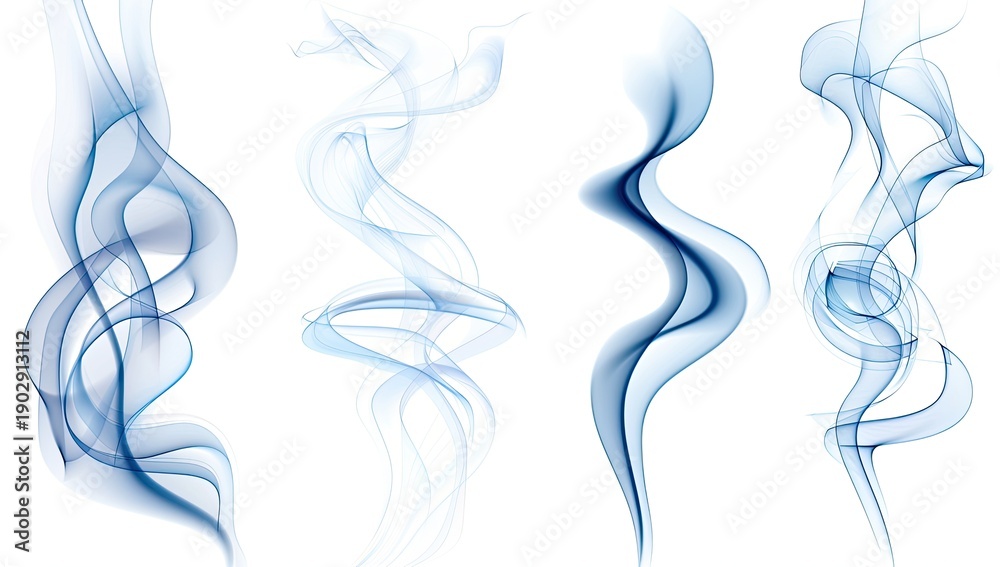 Naklejka premium Four wispy, ethereal, blue smoke swirls on a white background, representing abstract vaporous forms
