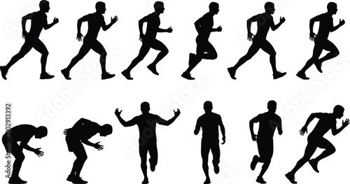 Running man silhouette sequence, male athlete sprint and motion poses, fitness training action, black and white vector illustration set