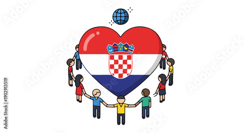 Heart-Shaped Croatian Flag Surrounded by Diverse People Holding Hands in a Circle Cartoon Graphic with Globe Symbolizing Global Unity and Solidarity in Colorful Illustration