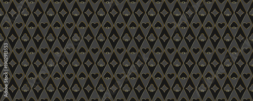 Dark grey playing cards pattern background. Golden outline vintage spades, hearts, diamonds, clubs symbols backdrop. Retro poker or casino table theme wallpaper. Vegas gambling concept texture. Vector