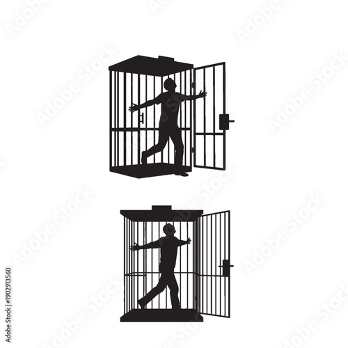 Person Stepping Out of Cage Silhouette – Self-Growth, Freedom, Personal Transformation Concept