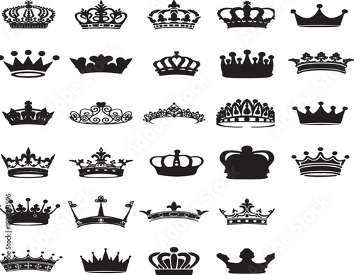 A diverse collection of various crowns and tiaras in black and white